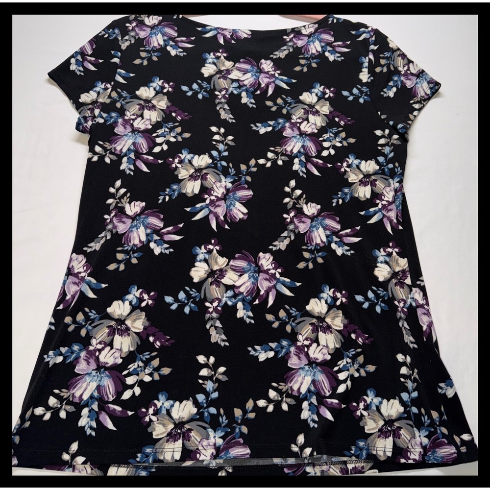 White House Black Market Floral Top Women Medium Black Purple Short Sleeve Blous - Picture 5 of 6